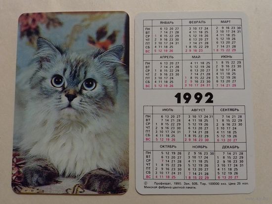 Карманный календарик. Котик.1992 год