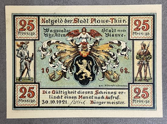 Нотгельд , 25 пфеннигов, Плауэ 1921 год. Веймарская республика