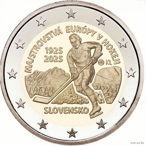 Словакия 2 евро, ND (2025) 100 лет Чемпионату Европы по хоккею с шайбой в Словакии UNC
