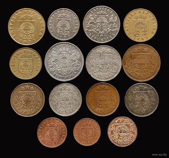 15 МОНЕТ ЛАТВИИ БЕЗ ПОВТОРОВ 1-я и 2-я РЕСПУБЛИКИ (1922 - 2007 г.г.) С СЕРЕБРОМ (1 лат 1924 г.)