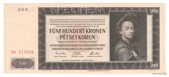 Чехословакия Богемия и Моравия 500 крон 1942 года. 2-й выпуск. Состояние аUNC!