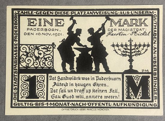 Нотгельд 1 марка 1921 год. Падерборн. Веймарская республика.
