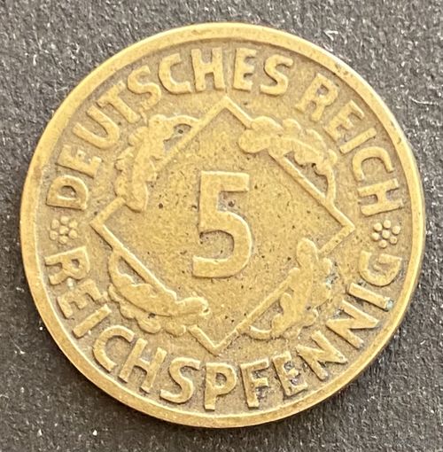 Монета 5 пфеннигов 1925 год. Веймарская республика.