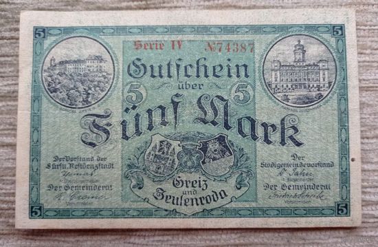 Werty71 Германия 5 марок 1918 банкнота Грайц и Цойленрода