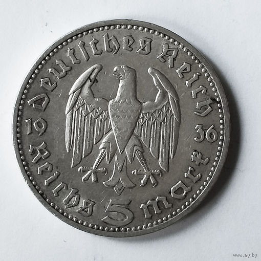 5 марок Гинденбург 1936 г. Германия. J. XF.