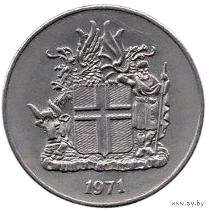 Республика Исландия. 10 крон 1971. Флора: Берёза пушистая. Мифология: Бык Гридунгур, Орёл Гаммур, Дракон Дреки и Великан Бергриси- духи-покровители Исландии.