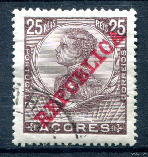 Португальские колонии - Азорские острова - 1910г. - Король Мануэл II, надпечатка Republica, 25 R - 1 марка - гашёная [Mi 128]. #1-Po-21-A-1