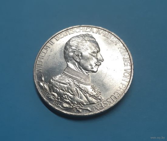 Германия. 3 марки. 1913 год. Вильгельм II. Мундир. Отличная! Серебро