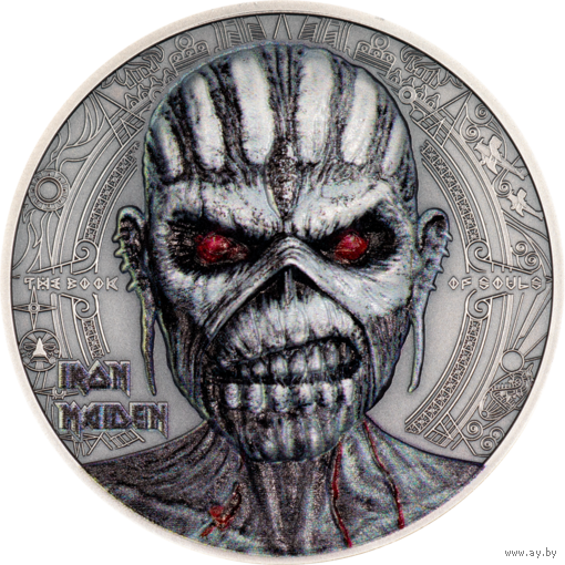 Острова Кука 10 долларов 2024г. "Iron Maiden – The Book of Souls". Монета в капсуле; подарочной рамке - футрляре; сертификат; коробка. СЕРЕБРО 62,20гр.(2 oz).