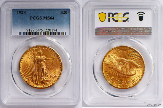 20 долларов 1928 г. Шагаюшая свобода. США. PCGS MS 64. Золото. KM# 131