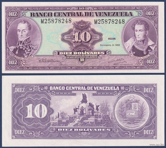 Венесуэла, 10 боливаров 1992 г., P-61с (М, Симон Боливар и Антонио Сукре), UNC-