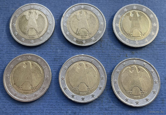 Германия 2 евро 2008 A, 2010 D, 2011 A, 2011 D, 2016 F, 2020 J