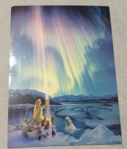 Посткроссинг. Открытка Северное сияние (10х15). Прошла почту. Художественные марки, чёткий штемпель.