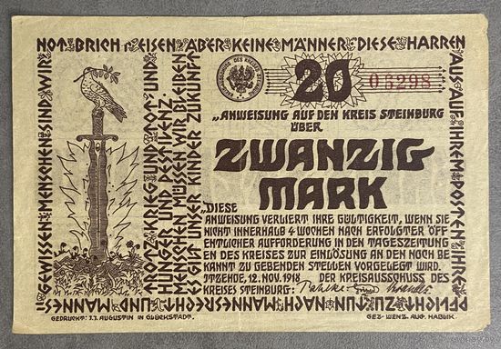 Банкнота 20 марок 1918 год. Штайнбург. Веймарская республика.
