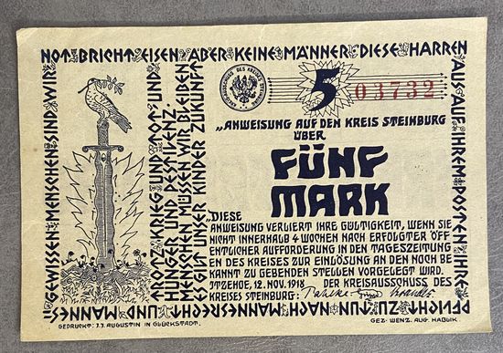 Банкнота 5 марок 1918 год. Штайнбург. Веймарская республика