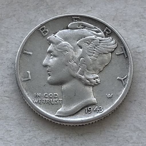 США 10 центов (дайм) 1943 Mercury Dime (Филадельфия - без отметки МД) - серебро 0,900, очень красивый!