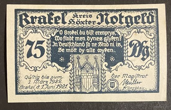 Нотгельд 75 пфеннигов 1921 год. Бракель. Веймарская республика