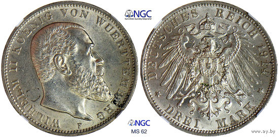 3 марки 1914 г. F.  Вильгкльм II. Вюртемберг. Германия. NGC MS 62. Серебро. КМ# 635