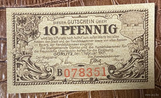 Нотгельд 10 пфеннигов 1921 год. Гёрлиц,. Веймарская республика