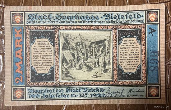 Нотгельд 2 марки 1921 год. Билефельд. Веймарская республика
