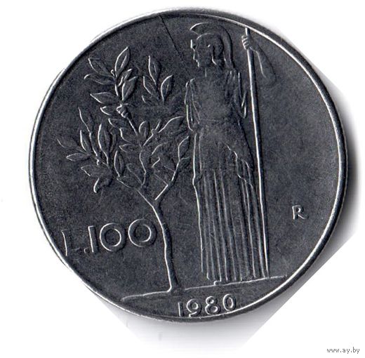 Италия. 100 лир. 1980 г. Брак. Раскол штемпеля
