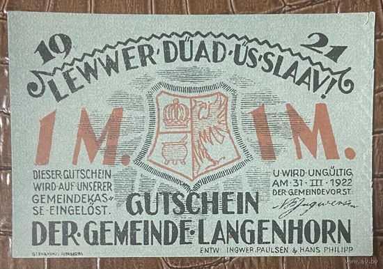 Нотгельд 1 марка 1922 год. Лангенхорн. Веймарская республика