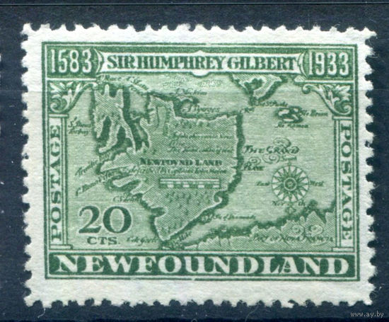 Британские колонии - Ньюфаундленд - 1933г. - карта Ньюфаундленда, 350 лет перехода владения Ньюфаундлендом Хемфри Гилберту, 20 с - 1 марка - чистая, без клея с наклейкой [Mi 211]. #3-WB-82-A-1