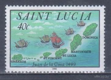 [120] Сент-Люсия 1992. Корабли.Парусники.Колумб.Карта. БЕЗ КЛЕЯ.