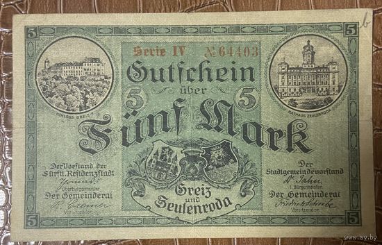 Банкнота 5 марок 1918 год. Грайц и Цоленрод. Веймарская республика.