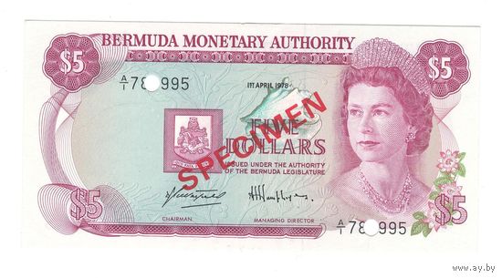 Бермудские острова 5 долларов 1974 года. Тип P-29а. SPECIMEN. Состояние UNC!