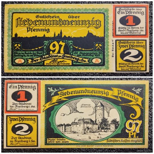 1 марка (97+1+2 пфеннигов) Германия 1921 г. Фрайберг (Fraiberg) нотгельд (379.1-1/2)