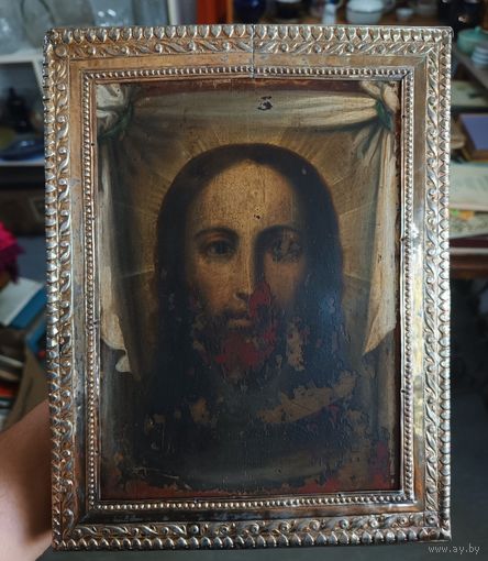 Икона Спас Нерукотворный. 19 век. Серебряная басма вес 130 грамм-84 пр.