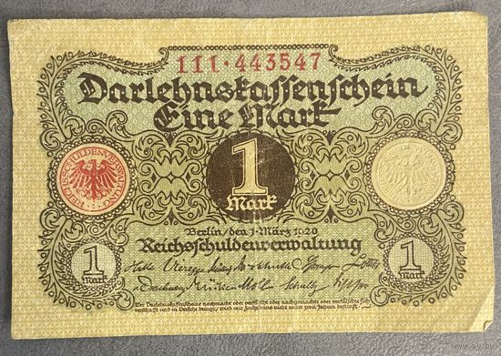 Банкнота 1 марка 1920 год. Веймарская республика. С рубля без МЦ.