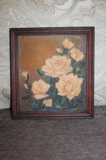 Картина "Розы", времён СССР, масло, ДВП, размер с рамкой 24*26.5 см.