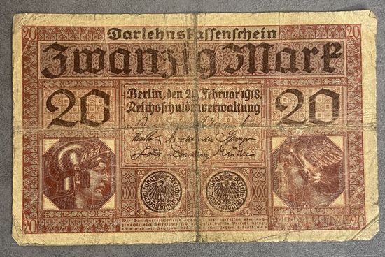 Банкнота 20 марок 1918 год. Германская империя. С рубля без МЦ.
