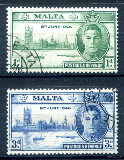 Британские колонии - Мальта - 1946г. - Годовщина Победы во Второй Мировой войне, король Георг VI, здание парламента в Лондоне - 2 марки - полная серия, гашёные [Mi 197-198]. #2-Bc-54-A-1