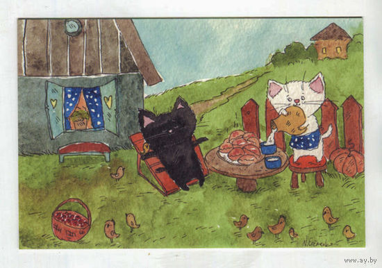 Открытка. Коты. Котики. Котята. Семья. Фауна, животные. Лето, домик в деревне, обед. Пирожки. Молоко. Художник Анастасия Еременко (чистая)