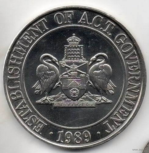 ТОКЕН / МЕДАЛЬ. АВСТРАЛИЙСКАЯ СТОЛИЧНАЯ ТЕРРИТОРИЯ 1989. 40 мм. ГЕРБ /Королевский колокольчик, карта АСТ