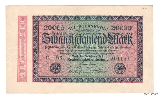 Германия 20 000 марок 1923 года. Тип Р 85b. G/D in stars. Состояние XF+!