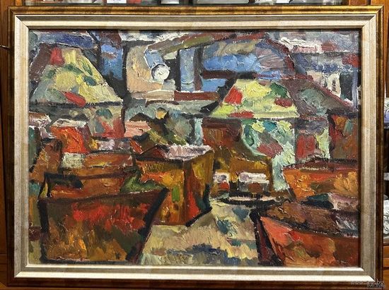 Малишевский А.А "В цеху на Тракторном", 1968г. Картон, масло.Размер 50х70 см.