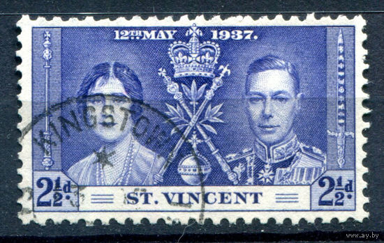 Британские колонии - Сент-Винсент - 1937г. - коронация короля Георга VI и королевы Елизаветы - 1 марка - гашёная [Mi 118]. #2-Bc-54-A-1