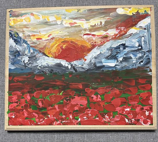 Живопись на доске "Закат в маках"