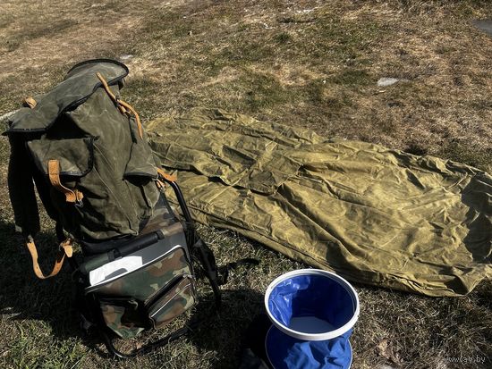 Спальник + рюкзак + стул + ведро + газ.баллон + гарелка