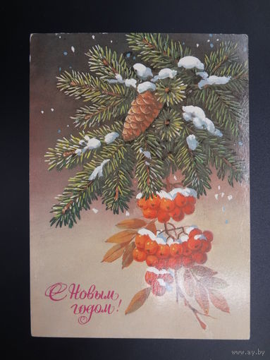 С Новым годом!  1985 г.  Шишка, рябина.  чистая.