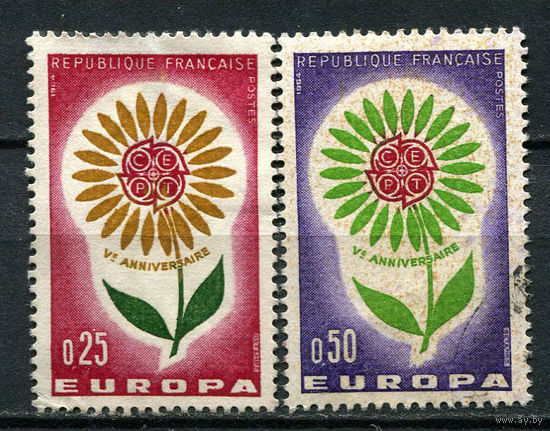 Франция - 1964 - Европа (C.E.P.T.) - Цветок - (номинал 0,25 с тонким местом) - [Mi. 1490-1491] - полная серия - 2 марки. Гашеные.  (Лот 67CC)