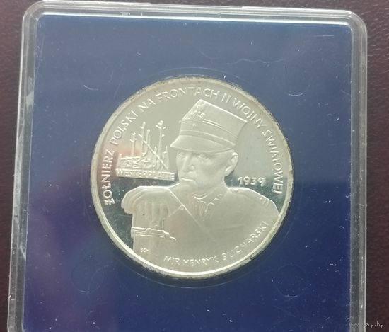 Серебро 0,750! Польша 5000 злотых, 1989 Хенрик Сухарский. В банковской коробке.