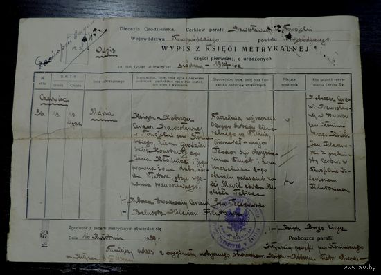 Документ "Wypis z ksiedgi metrikalnej" 1939 г. Слонимский Повет. Польша. Размер 20.5-29 см.