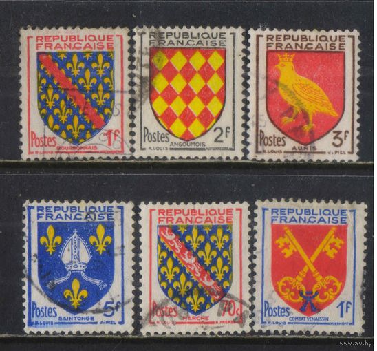 Франция 1954-5 Гербы регионов Бурбонне Ангумуа Они Сентонж Ла Марш Венессен #1028-31,1073,1075