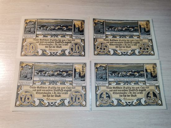 Нотгельды номиналом 10-25-75 пфениннгов и 1 марка,  1921 года, город Эшерсхаузен в Брауншвейге, Германия.