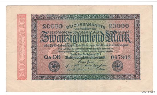 Германия 20 000 марок 1923 года. Тип Р 85b. G/D in stars. Большие цифры. Состояние XF!